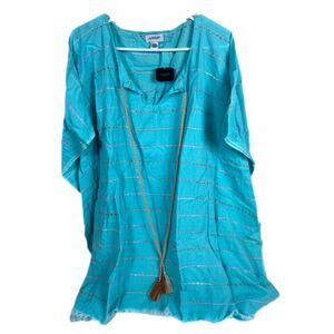 NEW Avenue Cardigan Poncho Womens OSFM Bat Wing Shirt Teal Striped Tunic Blouse‎